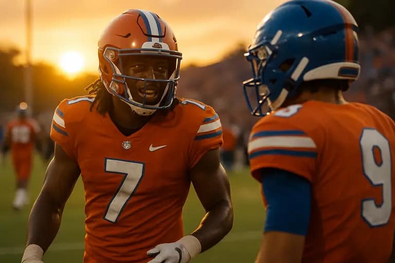 Florida defenders huddling before a snap during a night game
