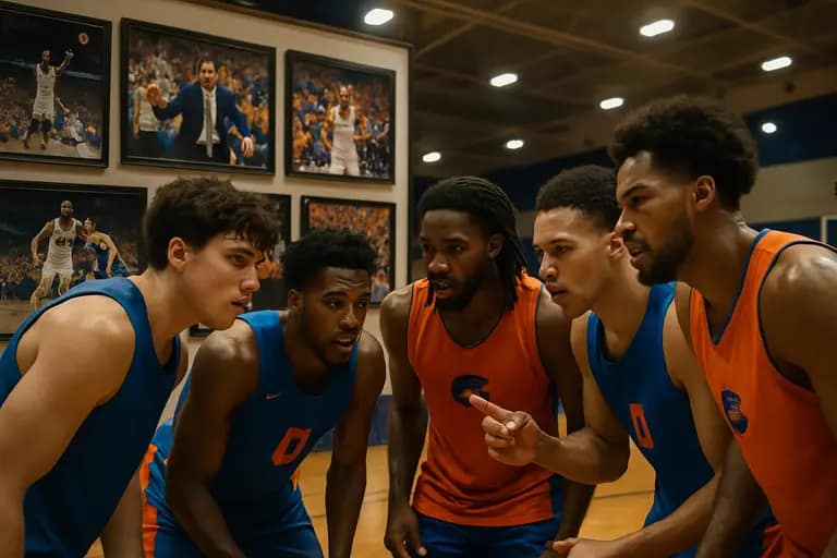 College basketball team huddle during a postseason game with fans in the stands