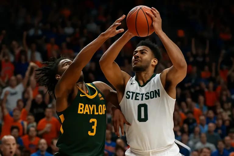 College basketball guards defend near the three point line during an exhibition