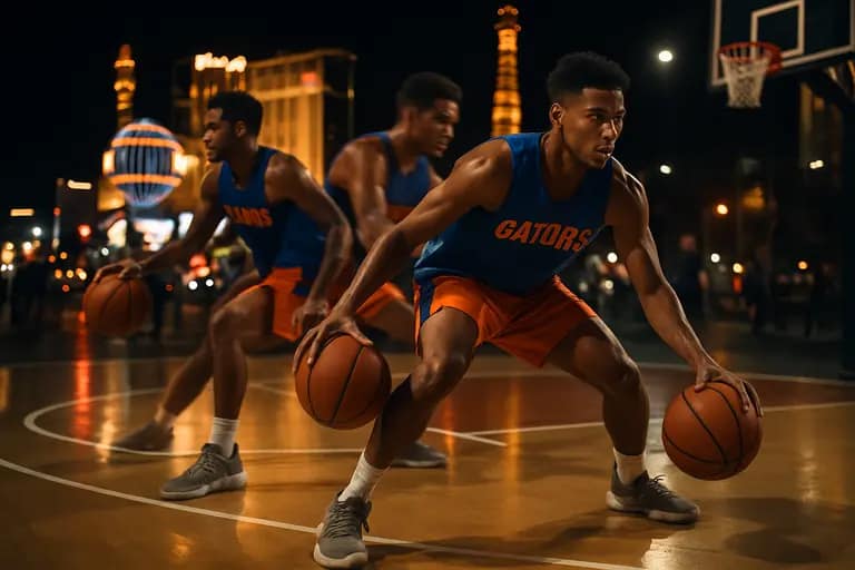 College basketball player defending closely during a neutral-site tournament game