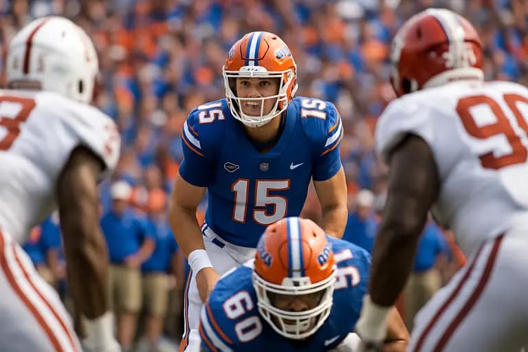 A quarterback reviews the defense at the line during an early-season game