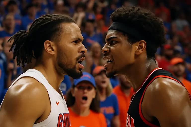 Two college basketball teams matching up during a half-court possession
