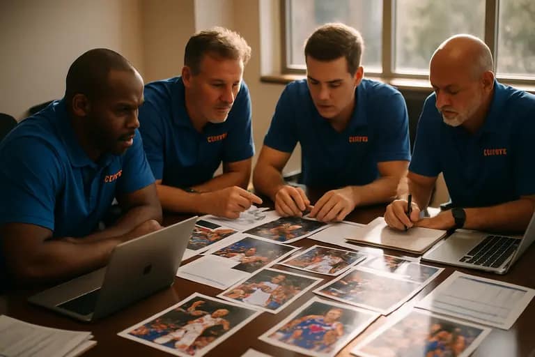 College basketball players listening to a coach during a sideline timeout