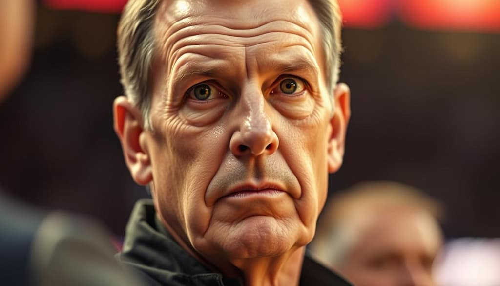 A close-up portrait of Billy Donovan, the renowned college basketball coach, captured in a pensive moment on the sidelines. The image is bathed in warm, golden lighting, creating a sense of contemplation and wisdom. Donovan's face is framed by a shallow depth of field, drawing the viewer's attention to his intense gaze and the focused expression that has become synonymous with his coaching philosophy. The background is blurred, allowing the viewer to concentrate on the coach's demeanor and the essence of his approach to the game. A close-up portrait of Billy Donovan, the renowned college basketball coach, captured in a pensive moment on the sidelines. The image is bathed in warm, golden lighting, creating a sense of contemplation and wisdom. Donovan's face is framed by a shallow depth of field, drawing the viewer's attention to his intense gaze and the focused expression that has become synonymous with his coaching philosophy. The background is blurred, allowing the viewer to concentrate on the coach's demeanor and the essence of his approach to the game.