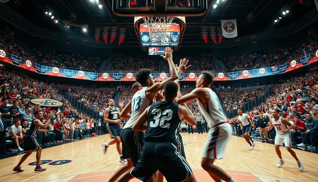 A heated basketball court erupts with intense rivalry, players battling for possession under the bright lights of an SEC arena. In the foreground, two opposing teams clash, their jerseys clashing in a blur of motion. The middle ground showcases the roar of the passionate crowd, their faces alight with excitement. In the background, the arena's architecture rises up, a grand stage for this epic clash of conference foes. The scene is bathed in a dramatic, cinematic lighting, creating a sense of high-stakes drama and unwavering intensity. This is the essence of SEC basketball rivalries, captured in a single, visually captivating moment. A heated basketball court erupts with intense rivalry, players battling for possession under the bright lights of an SEC arena. In the foreground, two opposing teams clash, their jerseys clashing in a blur of motion. The middle ground showcases the roar of the passionate crowd, their faces alight with excitement. In the background, the arena's architecture rises up, a grand stage for this epic clash of conference foes. The scene is bathed in a dramatic, cinematic lighting, creating a sense of high-stakes drama and unwavering intensity. This is the essence of SEC basketball rivalries, captured in a single, visually captivating moment.
