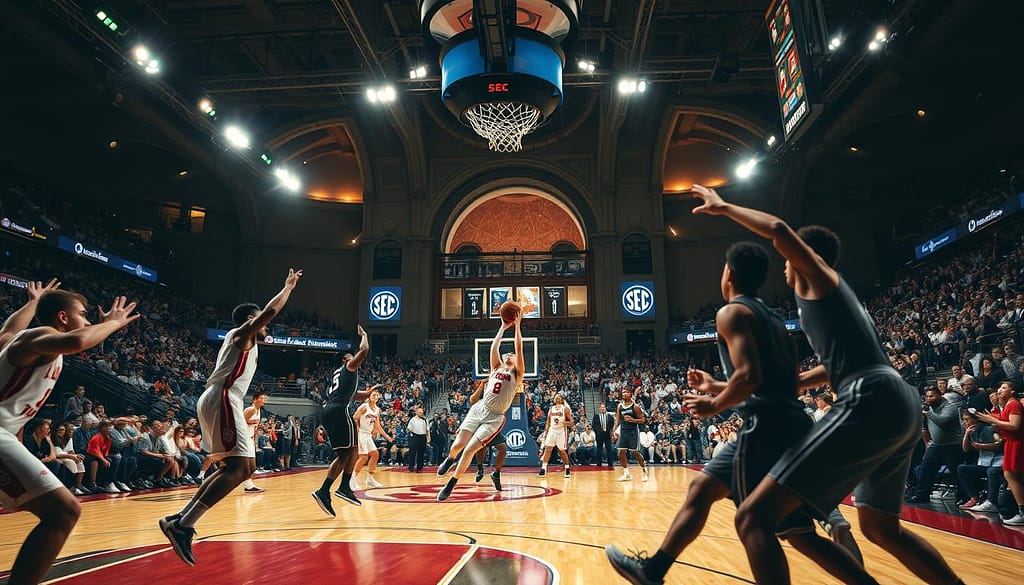 A bustling basketball court comes alive under the bright arena lights. In the foreground, players clash with intensity, their forms captured mid-jump shot, their faces etched with determination. The middle ground showcases the electric atmosphere, fans cheering passionately, their expressions mirroring the high-stakes drama unfolding on the hardwood. The background reveals the grand architectural details of the SEC Tournament venue, its towering arches and imposing façade setting the stage for this historic showcase of collegiate basketball excellence. Crisp, cinematic lighting casts dramatic shadows, heightening the sense of action and anticipation. A wide-angle lens captures the full scope of the scene, immersing the viewer in the pulsing energy of the SEC Tournament's basketball battles. A bustling basketball court comes alive under the bright arena lights. In the foreground, players clash with intensity, their forms captured mid-jump shot, their faces etched with determination. The middle ground showcases the electric atmosphere, fans cheering passionately, their expressions mirroring the high-stakes drama unfolding on the hardwood. The background reveals the grand architectural details of the SEC Tournament venue, its towering arches and imposing façade setting the stage for this historic showcase of collegiate basketball excellence. Crisp, cinematic lighting casts dramatic shadows, heightening the sense of action and anticipation. A wide-angle lens captures the full scope of the scene, immersing the viewer in the pulsing energy of the SEC Tournament's basketball battles.