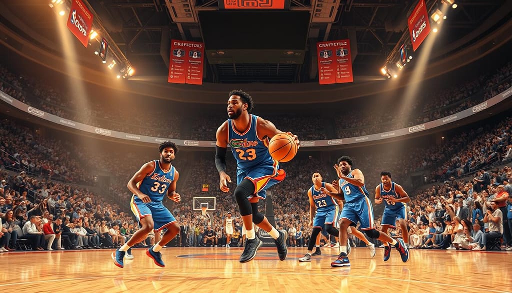 A grand NBA arena, bathed in golden afternoon light, showcases a group of former University of Florida basketball stars in mid-game action. In the foreground, a dominant center powers through the paint, ball firmly in hand. Surrounding him, perimeter players execute pinpoint passes and pull-up jumpers with precision. The court is a mosaic of Gators colors, the backdrop a sweeping panorama of the arena's sleek, modern architecture. Spectators cheer from the packed stands, their excitement palpable. This is the legacy of the Florida Gators - a program that has consistently produced elite NBA talent, its players thriving on the grandest professional stage. A grand NBA arena, bathed in golden afternoon light, showcases a group of former University of Florida basketball stars in mid-game action. In the foreground, a dominant center powers through the paint, ball firmly in hand. Surrounding him, perimeter players execute pinpoint passes and pull-up jumpers with precision. The court is a mosaic of Gators colors, the backdrop a sweeping panorama of the arena's sleek, modern architecture. Spectators cheer from the packed stands, their excitement palpable. This is the legacy of the Florida Gators - a program that has consistently produced elite NBA talent, its players thriving on the grandest professional stage.