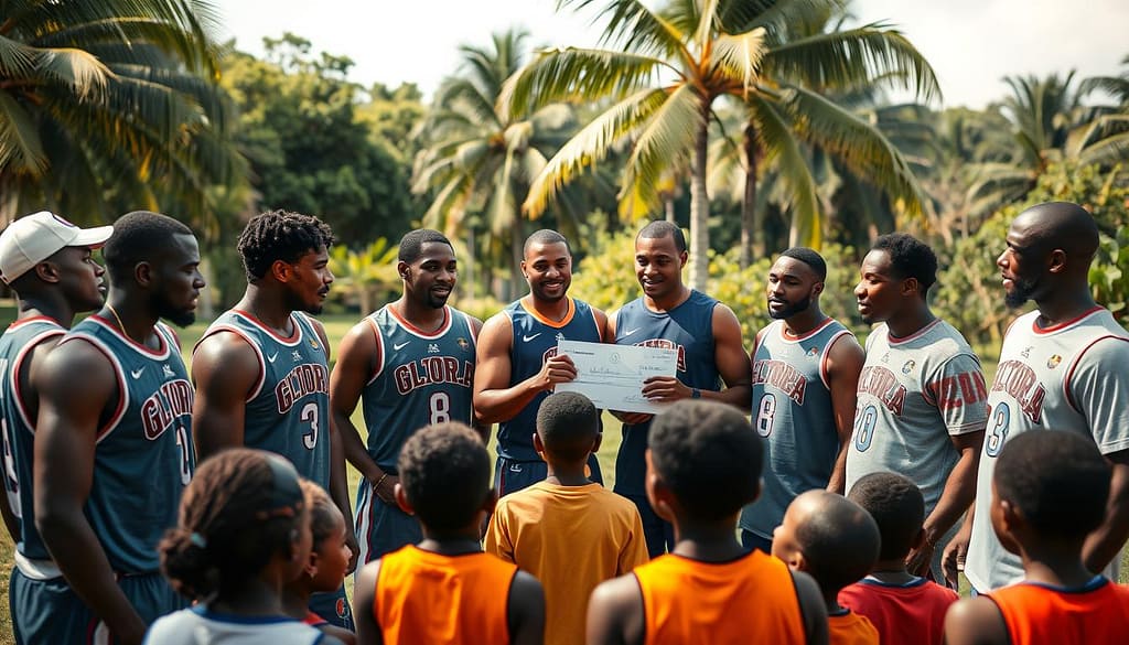 A group of former University of Florida basketball players, now NBA stars, gathered in a sunny outdoor setting. In the foreground, they engage with local youth, offering mentorship and guidance. Midground, they present a symbolic check to a community leader, representing their collective philanthropic efforts. In the background, a lush green landscape with palm trees creates a vibrant, tropical atmosphere. Soft, diffused lighting casts a warm glow, highlighting the players' interactions and the sense of togetherness. The scene conveys the NBA alumni's commitment to giving back to the community that shaped their success. A group of former University of Florida basketball players, now NBA stars, gathered in a sunny outdoor setting. In the foreground, they engage with local youth, offering mentorship and guidance. Midground, they present a symbolic check to a community leader, representing their collective philanthropic efforts. In the background, a lush green landscape with palm trees creates a vibrant, tropical atmosphere. Soft, diffused lighting casts a warm glow, highlighting the players' interactions and the sense of togetherness. The scene conveys the NBA alumni's commitment to giving back to the community that shaped their success.