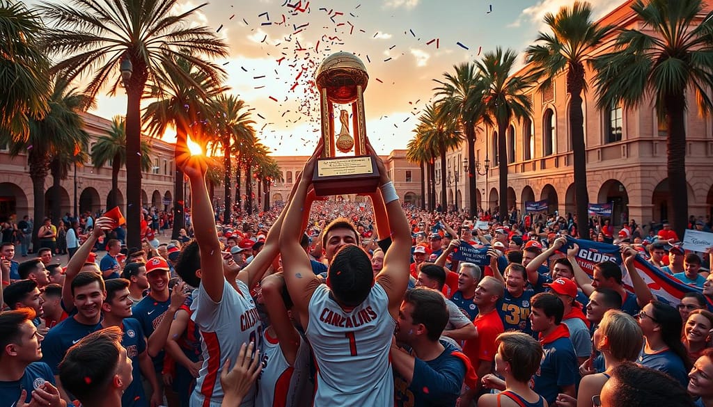 A raucous celebration erupts on the University of Florida campus, as students, alumni, and devoted fans gather to commemorate the Gators' triumphant 2025 NCAA basketball championship. In the foreground, players hoist the trophy aloft, their faces aglow with joy and pride. Confetti rains down, catching the golden glow of sunset light filtering through the palm trees lining the plaza. In the middle ground, a sea of orange and blue-clad supporters surge forward, waving banners and chanting the team's fight song. The background reveals the iconic University of Florida architecture, lending an air of tradition and history to the euphoric scene. The overall atmosphere is one of unbridled elation, capturing the essence of a hard-earned, long-awaited championship victory. A raucous celebration erupts on the University of Florida campus, as students, alumni, and devoted fans gather to commemorate the Gators' triumphant 2025 NCAA basketball championship. In the foreground, players hoist the trophy aloft, their faces aglow with joy and pride. Confetti rains down, catching the golden glow of sunset light filtering through the palm trees lining the plaza. In the middle ground, a sea of orange and blue-clad supporters surge forward, waving banners and chanting the team's fight song. The background reveals the iconic University of Florida architecture, lending an air of tradition and history to the euphoric scene. The overall atmosphere is one of unbridled elation, capturing the essence of a hard-earned, long-awaited championship victory.