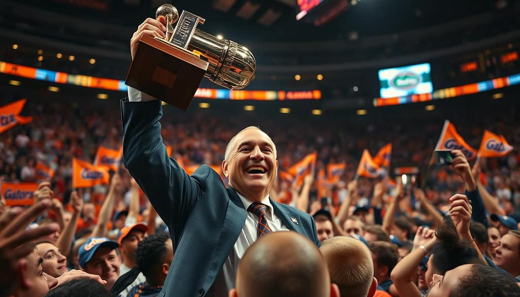 A triumphant Florida Gators basketball coach, bathed in the glow of arena lights, hoists the championship trophy high above his head. The coach's face radiates joy and pride, as his players swarm around him in a celebratory huddle. In the background, the raucous crowd cheers and waves Gators flags, their faces a blur of orange and blue. The scene is captured with a wide, cinematic lens, emphasizing the grand scale of the moment and the coach's commanding presence. The lighting is warm and theatrical, casting dramatic shadows and highlighting the exhilaration of the championship victory. A triumphant Florida Gators basketball coach, bathed in the glow of arena lights, hoists the championship trophy high above his head. The coach's face radiates joy and pride, as his players swarm around him in a celebratory huddle. In the background, the raucous crowd cheers and waves Gators flags, their faces a blur of orange and blue. The scene is captured with a wide, cinematic lens, emphasizing the grand scale of the moment and the coach's commanding presence. The lighting is warm and theatrical, casting dramatic shadows and highlighting the exhilaration of the championship victory.