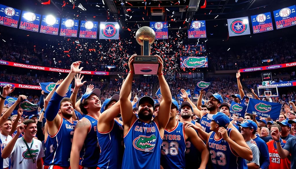 A vibrant celebration unfolds on the court, as the Florida Gators players and coaches revel in their back-to-back national championship victories. In the foreground, the team hoists their trophy high, faces beaming with pride and joy. Confetti rains down, casting a shimmer of triumph over the scene. In the middle ground, passionate fans erupt in thunderous cheers, waving Gators flags and banners. The arena's bright floodlights illuminate the exuberant atmosphere, casting dramatic shadows and highlights on the players' expressions. In the background, the iconic Gators logo looms large, a symbol of the program's hard-earned dominance. This dynamic, cinematic image captures the essence of the Gators' basketball dynasty, a testament to their SEC and NCAA triumphs under the legendary coaching of Billy Donovan. A vibrant celebration unfolds on the court, as the Florida Gators players and coaches revel in their back-to-back national championship victories. In the foreground, the team hoists their trophy high, faces beaming with pride and joy. Confetti rains down, casting a shimmer of triumph over the scene. In the middle ground, passionate fans erupt in thunderous cheers, waving Gators flags and banners. The arena's bright floodlights illuminate the exuberant atmosphere, casting dramatic shadows and highlights on the players' expressions. In the background, the iconic Gators logo looms large, a symbol of the program's hard-earned dominance. This dynamic, cinematic image captures the essence of the Gators' basketball dynasty, a testament to their SEC and NCAA triumphs under the legendary coaching of Billy Donovan.