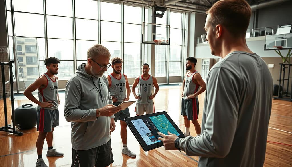 A well-lit, high-resolution photograph of a basketball court, with a focus on the players' development system. In the foreground, a coach meticulously analyzing game footage on a tablet, surrounded by a whiteboard filled with player stats and tactical diagrams. In the middle ground, a group of players intently listening as the coach explains a new drill, their faces determined and engaged. The background features a state-of-the-art training facility, complete with weight racks, conditioning equipment, and a panoramic window overlooking the city skyline, conveying a sense of dedication, innovation, and the pursuit of excellence. A well-lit, high-resolution photograph of a basketball court, with a focus on the players' development system. In the foreground, a coach meticulously analyzing game footage on a tablet, surrounded by a whiteboard filled with player stats and tactical diagrams. In the middle ground, a group of players intently listening as the coach explains a new drill, their faces determined and engaged. The background features a state-of-the-art training facility, complete with weight racks, conditioning equipment, and a panoramic window overlooking the city skyline, conveying a sense of dedication, innovation, and the pursuit of excellence.