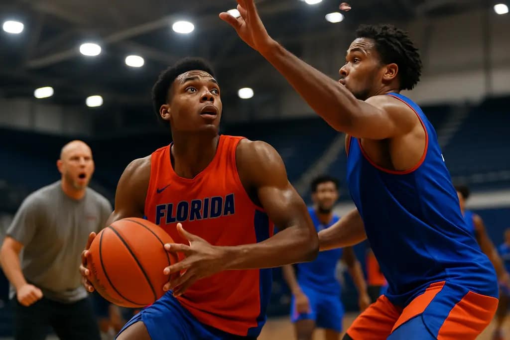 Gators Frontcourt Newcomers working through a physical basketball practice in Gainesville