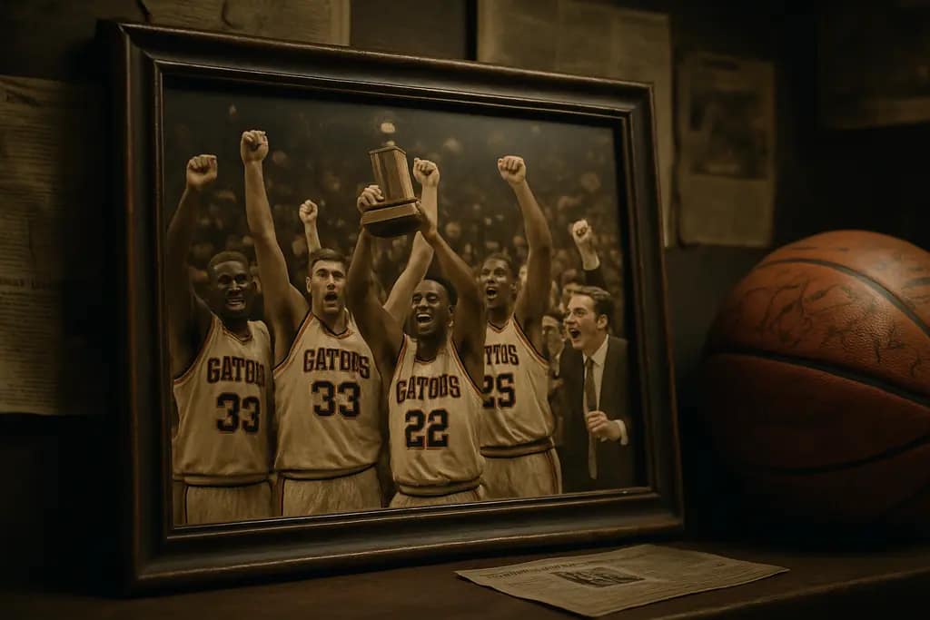 Gators Basketball Legacy shown through players celebrating on a college basketball court