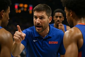 Todd Golden Achievements shown through a Florida basketball huddle before tipoff