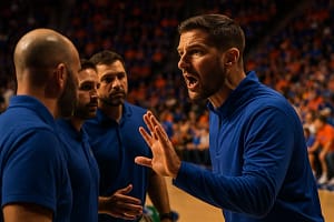Todd Golden milestone scene with Florida basketball coach addressing players during practice