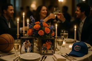 Hall of Fame Dinner scene with Gators basketball fans gathering for an induction night