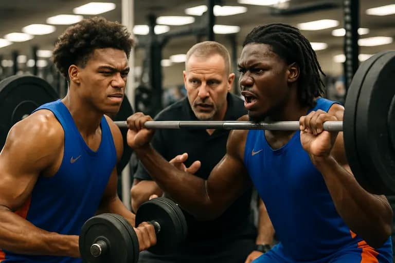 A college basketball big man trains with resistance bands beside the court