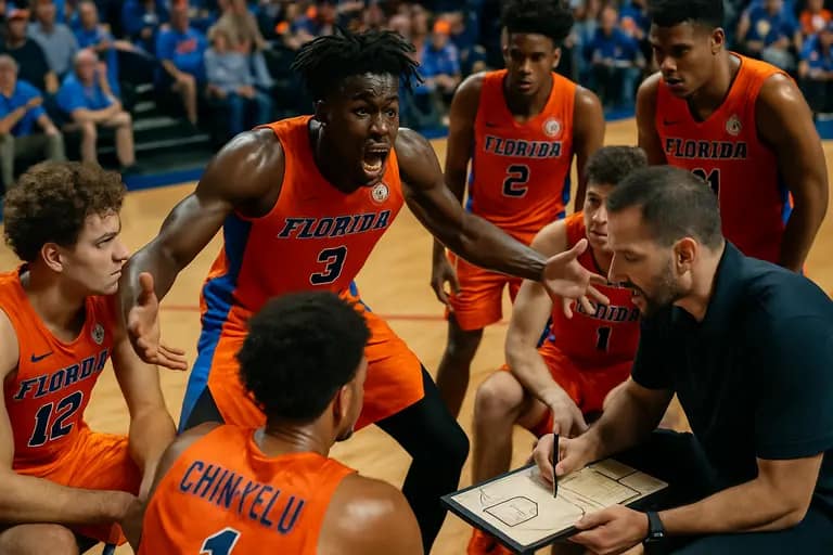Florida frontcourt players gathering near the free throw lane during a timeout