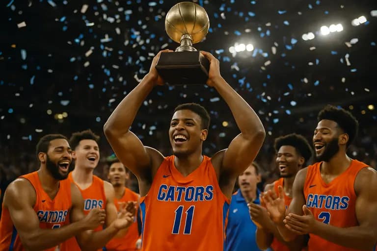 Florida players celebrate together after a strong defensive stop on the court