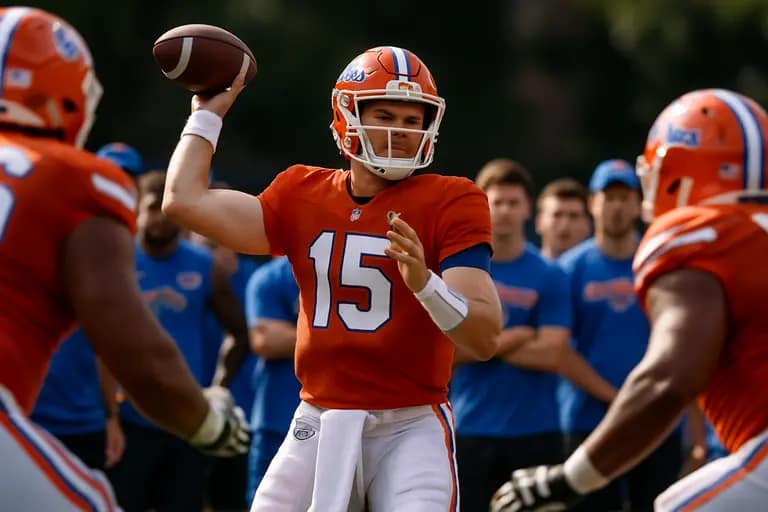 A quarterback and running back go through handoff work during football practice