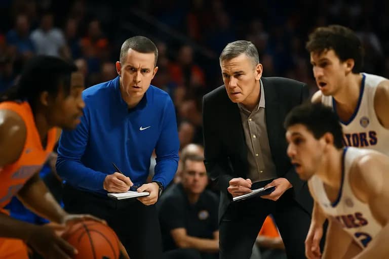 Basketball coach watching players run a half-court set from the sideline