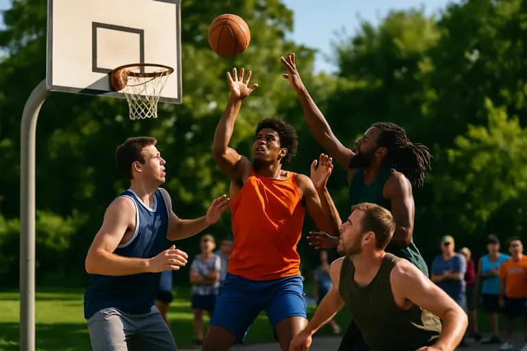 College basketball players running a frontcourt drill during summer practice