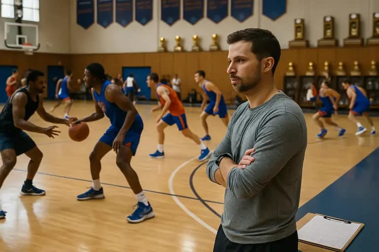 College basketball coach watches big men drill defensive positioning