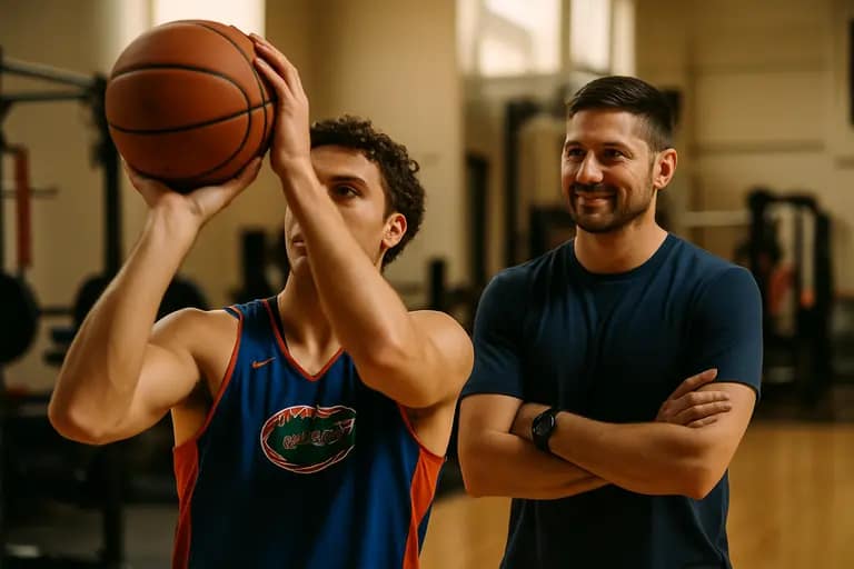 College basketball players working through drills with coaches at practice