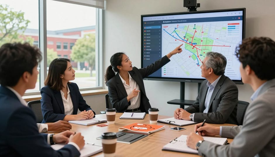 A dynamic scene focusing on a basketball recruiting strategy meeting in a bright, modern conference room. In the foreground, diverse professionals, including a young woman in a business suit and a middle-aged man in a blazer, engage in enthusiastic discussion while pointing at a large digital screen displaying player statistics and recruitment maps. The middle ground features a conference table cluttered with notebooks, coffee cups, and basketball-themed materials, suggesting a brainstorming environment. The background reveals large windows with natural light streaming in, overlooking a vibrant campus landscape. The atmosphere is collaborative and energetic, highlighting the challenges and strategies in sports recruitment. Use high contrast lighting to emphasize expressions, with a shallow depth of field focusing on the main subjects. A dynamic scene focusing on a basketball recruiting strategy meeting in a bright, modern conference room. In the foreground, diverse professionals, including a young woman in a business suit and a middle-aged man in a blazer, engage in enthusiastic discussion while pointing at a large digital screen displaying player statistics and recruitment maps. The middle ground features a conference table cluttered with notebooks, coffee cups, and basketball-themed materials, suggesting a brainstorming environment. The background reveals large windows with natural light streaming in, overlooking a vibrant campus landscape. The atmosphere is collaborative and energetic, highlighting the challenges and strategies in sports recruitment. Use high contrast lighting to emphasize expressions, with a shallow depth of field focusing on the main subjects.