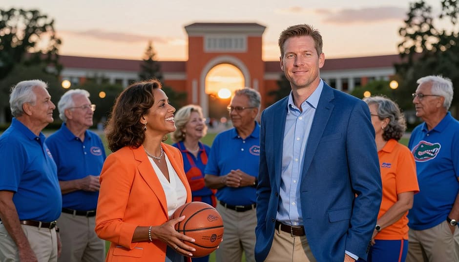 A proud group of diverse Gators alumni stands together, showcasing their vibrant blue and orange attire adorned with Gators logos. In the foreground, a taller male Figure, Micah Handlogten, exudes confidence in a tailored blazer and shirt, representing his Gator legacy. Next to him, a female alumna in a chic professional dress holds a basketball, emphasizing the sport's importance. In the middle ground, fellow alumni engage in animated conversation, sharing laughter and memories. The background features a sunset-lit University of Florida campus with iconic arches, symbolizing tradition and achievement, while soft bokeh lights add a warm glow. The atmosphere is celebratory and nostalgic, inviting viewers to reflect on their shared Gator pride and aspirations. A proud group of diverse Gators alumni stands together, showcasing their vibrant blue and orange attire adorned with Gators logos. In the foreground, a taller male Figure, Micah Handlogten, exudes confidence in a tailored blazer and shirt, representing his Gator legacy. Next to him, a female alumna in a chic professional dress holds a basketball, emphasizing the sport's importance. In the middle ground, fellow alumni engage in animated conversation, sharing laughter and memories. The background features a sunset-lit University of Florida campus with iconic arches, symbolizing tradition and achievement, while soft bokeh lights add a warm glow. The atmosphere is celebratory and nostalgic, inviting viewers to reflect on their shared Gator pride and aspirations.