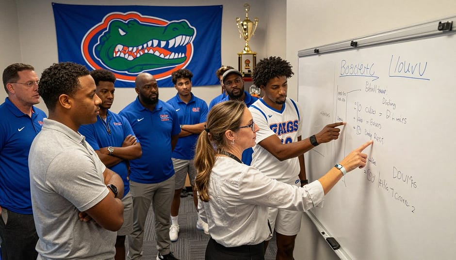A sports meeting room filled with a diverse group of professional coaches and key players strategizing for their upcoming championship season. In the foreground, a focused female head coach, dressed in a stylish yet professional outfit, analyzes a game plan on a large whiteboard. Beside her, a male player in a team jersey points at key stats, embodying determination. In the middle ground, additional players of different ethnicities are discussing tactics, displaying teamwork and unity, while a large banner showcasing the Gators' logo hangs on the wall. The background features trophies and accolades, highlighting past successes. The lighting is bright and motivational, with a slight warm glow to evoke a sense of camaraderie and anticipation for victory. Captured from a slightly elevated angle, emphasizing the collaborative spirit. A sports meeting room filled with a diverse group of professional coaches and key players strategizing for their upcoming championship season. In the foreground, a focused female head coach, dressed in a stylish yet professional outfit, analyzes a game plan on a large whiteboard. Beside her, a male player in a team jersey points at key stats, embodying determination. In the middle ground, additional players of different ethnicities are discussing tactics, displaying teamwork and unity, while a large banner showcasing the Gators' logo hangs on the wall. The background features trophies and accolades, highlighting past successes. The lighting is bright and motivational, with a slight warm glow to evoke a sense of camaraderie and anticipation for victory. Captured from a slightly elevated angle, emphasizing the collaborative spirit.