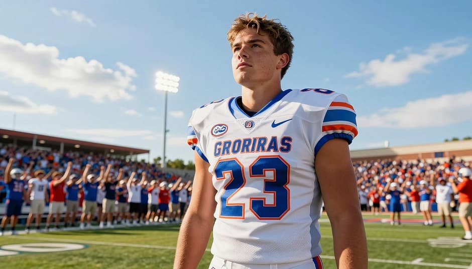 A determined young athlete, dressed in a clean, stylish Gators jersey, stands proud in the foreground, his eyes focused with passion and commitment. In the middle ground, a dynamic scene unfolds with a vibrant football field bathed in warm, golden sunlight, highlighting the energy of a supportive crowd in the background, cheering enthusiastically. The sky is bright blue with wisps of clouds, symbolizing optimism and potential. Use a slightly low-angle perspective to emphasize the player’s stature and resolve, with soft shadows that enhance the depth. The atmosphere is electric, evoking a sense of hope and dedication, as if this moment signifies a pivotal turn in his journey. A determined young athlete, dressed in a clean, stylish Gators jersey, stands proud in the foreground, his eyes focused with passion and commitment. In the middle ground, a dynamic scene unfolds with a vibrant football field bathed in warm, golden sunlight, highlighting the energy of a supportive crowd in the background, cheering enthusiastically. The sky is bright blue with wisps of clouds, symbolizing optimism and potential. Use a slightly low-angle perspective to emphasize the player’s stature and resolve, with soft shadows that enhance the depth. The atmosphere is electric, evoking a sense of hope and dedication, as if this moment signifies a pivotal turn in his journey.