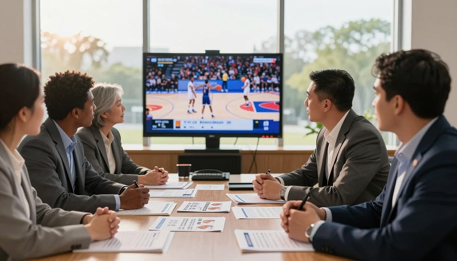 A dynamic and engaging scene illustrating the concept of recruiting challenges in basketball. In the foreground, a diverse group of college coaches, dressed in professional business attire, discusses strategies around a large wooden table filled with recruitment materials such as player profiles and statistics. In the middle ground, a digital screen displays basketball highlights, showcasing potential recruits. The background features a large window with a view of a basketball court, bathed in warm, natural sunlight, creating a hopeful yet intense atmosphere. The focus is sharp on the coaches, while the background is slightly blurred to emphasize their conversation. The overall mood is one of determination and critical analysis, reflecting the complexities and nuances of basketball recruiting. A dynamic and engaging scene illustrating the concept of recruiting challenges in basketball. In the foreground, a diverse group of college coaches, dressed in professional business attire, discusses strategies around a large wooden table filled with recruitment materials such as player profiles and statistics. In the middle ground, a digital screen displays basketball highlights, showcasing potential recruits. The background features a large window with a view of a basketball court, bathed in warm, natural sunlight, creating a hopeful yet intense atmosphere. The focus is sharp on the coaches, while the background is slightly blurred to emphasize their conversation. The overall mood is one of determination and critical analysis, reflecting the complexities and nuances of basketball recruiting.