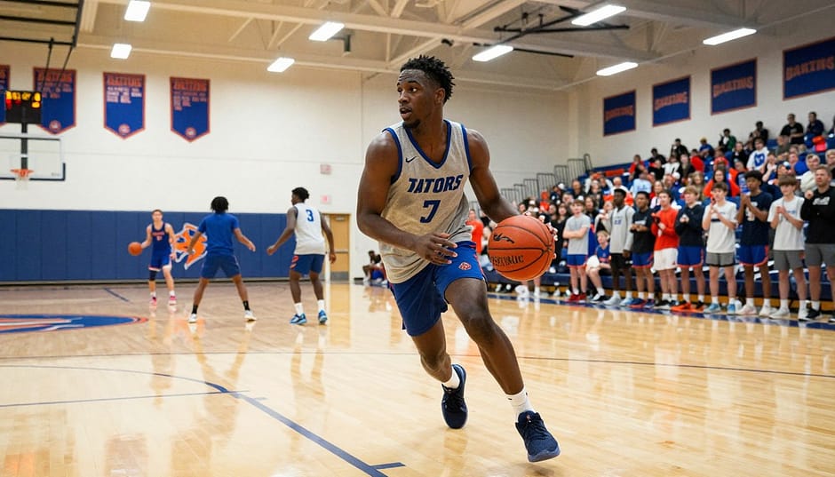 A dynamic scene depicting a collegiate basketball player, Rueben Chinyelu, engaging in intensive practice on a university basketball court. In the foreground, Rueben is dribbling a basketball, wearing the Gators' team jersey and athletic shorts, with a focused expression showcasing determination. The middle ground features bright gym lighting illuminating teammates in the background performing various drills, emphasizing teamwork and preparation. The court is adorned with banners and the team logo, creating a vibrant collegiate atmosphere. In the background, a cheering crowd of students and fans adds energy to the scene. Capture this moment with a slightly low-angle perspective to convey the player's intensity, using warm tones to evoke a sense of excitement and anticipation for the upcoming season. A dynamic scene depicting a collegiate basketball player, Rueben Chinyelu, engaging in intensive practice on a university basketball court. In the foreground, Rueben is dribbling a basketball, wearing the Gators' team jersey and athletic shorts, with a focused expression showcasing determination. The middle ground features bright gym lighting illuminating teammates in the background performing various drills, emphasizing teamwork and preparation. The court is adorned with banners and the team logo, creating a vibrant collegiate atmosphere. In the background, a cheering crowd of students and fans adds energy to the scene. Capture this moment with a slightly low-angle perspective to convey the player's intensity, using warm tones to evoke a sense of excitement and anticipation for the upcoming season.
