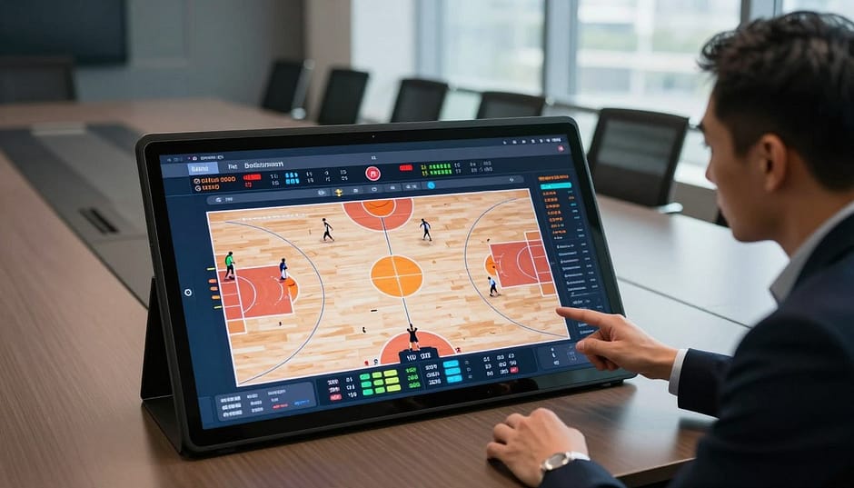 A dynamic sports analysis scene featuring a close-up of a detailed basketball game strategy board set on a sleek conference table. The foreground displays a professional-looking analyst, dressed in business attire, discussing stats and player formations, with a focused expression. In the middle, diagrams of plays, statistics charts, and highlight reels are vividly illustrated on a digital screen, emanating a soft glow. The background contains a modern conference room with large windows allowing natural light to filter in, enhancing the analytical atmosphere. The overall mood is serious yet strategic, embodying the essence of in-depth sports analysis, with an emphasis on the intricate tactical planning that characterizes competitive basketball. The angle captures the intensity of the discussion, showcasing the immersive layer of analysis essential in sports strategy.