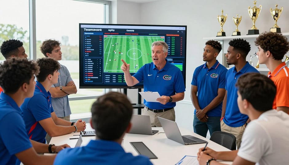 A dynamic sports strategy meeting in a bright, modern facility, showcasing a diverse group of team members huddled around a large digital display filled with charts and graphs highlighting the Gators' game strategies. In the foreground, a focused coach gestures passionately, wearing a professional polo and clipboard in hand; to the sides, team members analyze and discuss tactics, dressed in team-branded attire. The middle ground features a large screen displaying key strengths like "Teamwork," "Agility," and "Coordination." The background shows trophies on shelves, representing past victories, with natural light filtering in through large windows, creating a vibrant and motivational atmosphere. The overall mood is one of excitement and determination, capturing the essence of teamwork necessary for the Gators’ championship ambitions.