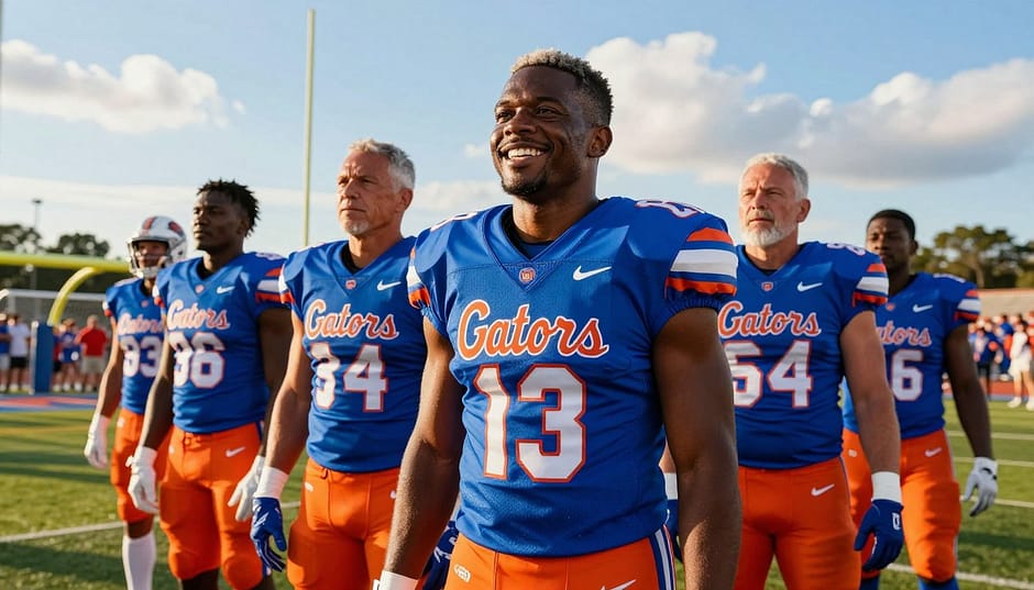 A group of senior football players, including Rueben Chinyelu, standing confidently on a sunlit field, wearing vibrant blue and orange jerseys with 'Gators' emblazoned on them. In the foreground, Rueben is smiling broadly, showcasing a determined expression, while the other players stand shoulder-to-shoulder, reflecting camaraderie and teamwork. The middle ground features goalposts and a cheering crowd in soft focus, creating a vibrant atmosphere. The background contains a clear blue sky with fluffy white clouds, symbolizing hope and new beginnings. The lighting is warm and inviting, with rays of sunshine casting soft shadows, evoking a sense of positivity and anticipation for the upcoming season. The shot is taken from a low angle, emphasizing the players’ stature and the excitement of their final season together. A group of senior football players, including Rueben Chinyelu, standing confidently on a sunlit field, wearing vibrant blue and orange jerseys with 'Gators' emblazoned on them. In the foreground, Rueben is smiling broadly, showcasing a determined expression, while the other players stand shoulder-to-shoulder, reflecting camaraderie and teamwork. The middle ground features goalposts and a cheering crowd in soft focus, creating a vibrant atmosphere. The background contains a clear blue sky with fluffy white clouds, symbolizing hope and new beginnings. The lighting is warm and inviting, with rays of sunshine casting soft shadows, evoking a sense of positivity and anticipation for the upcoming season. The shot is taken from a low angle, emphasizing the players’ stature and the excitement of their final season together.
