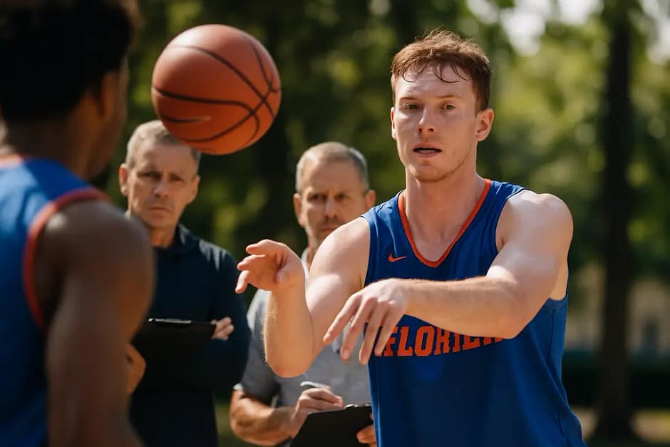 Thomas Haugh driving through practice defenders during a Florida basketball workout
